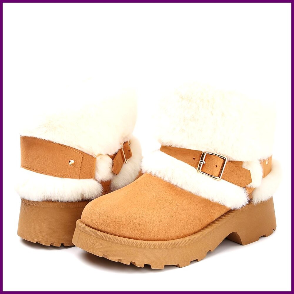 Faux Suede Furry Winter Boots Block Heel Platform Slip-On Buckle Snow Booties